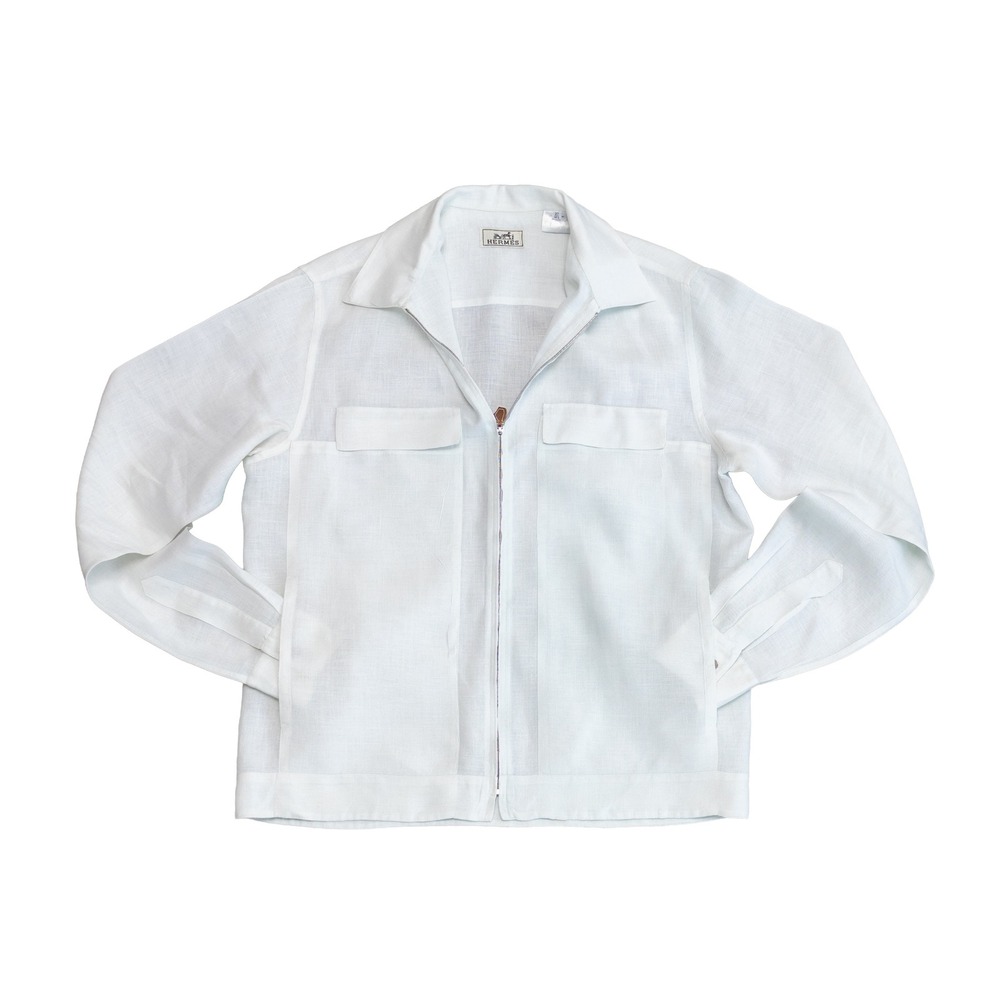 Vintage 90's Hermes Boxy White 100% Linen Full Zip Shirt Jacket Mens 37 SZ S